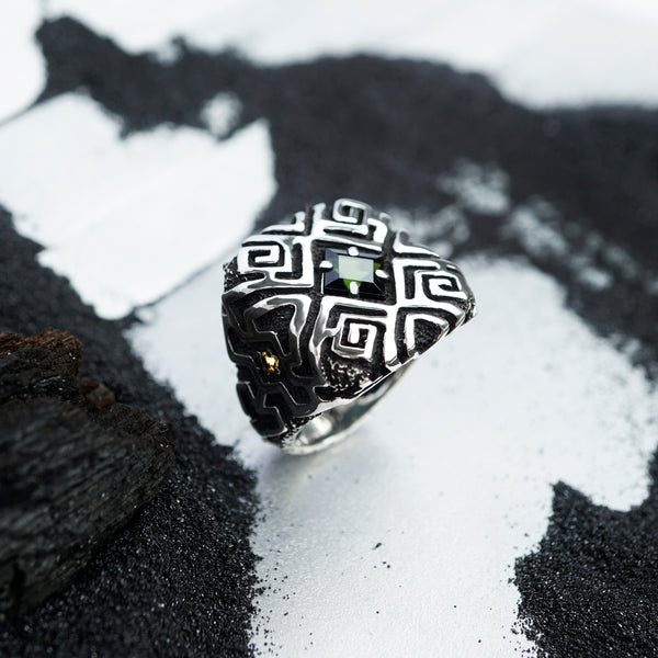 Statement sterling silver ring with Green Tourmaline and two small Citrine. Design inspired by shipibo culture.