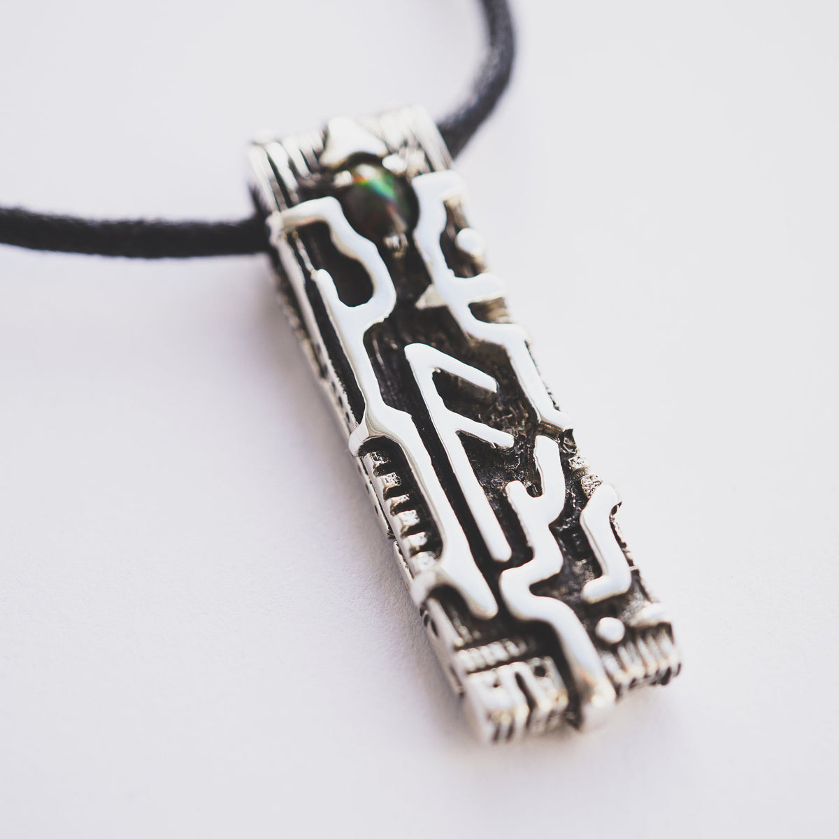 Viking Runes Silver Necklace with Black Opal Ansuz - Ready to Ship