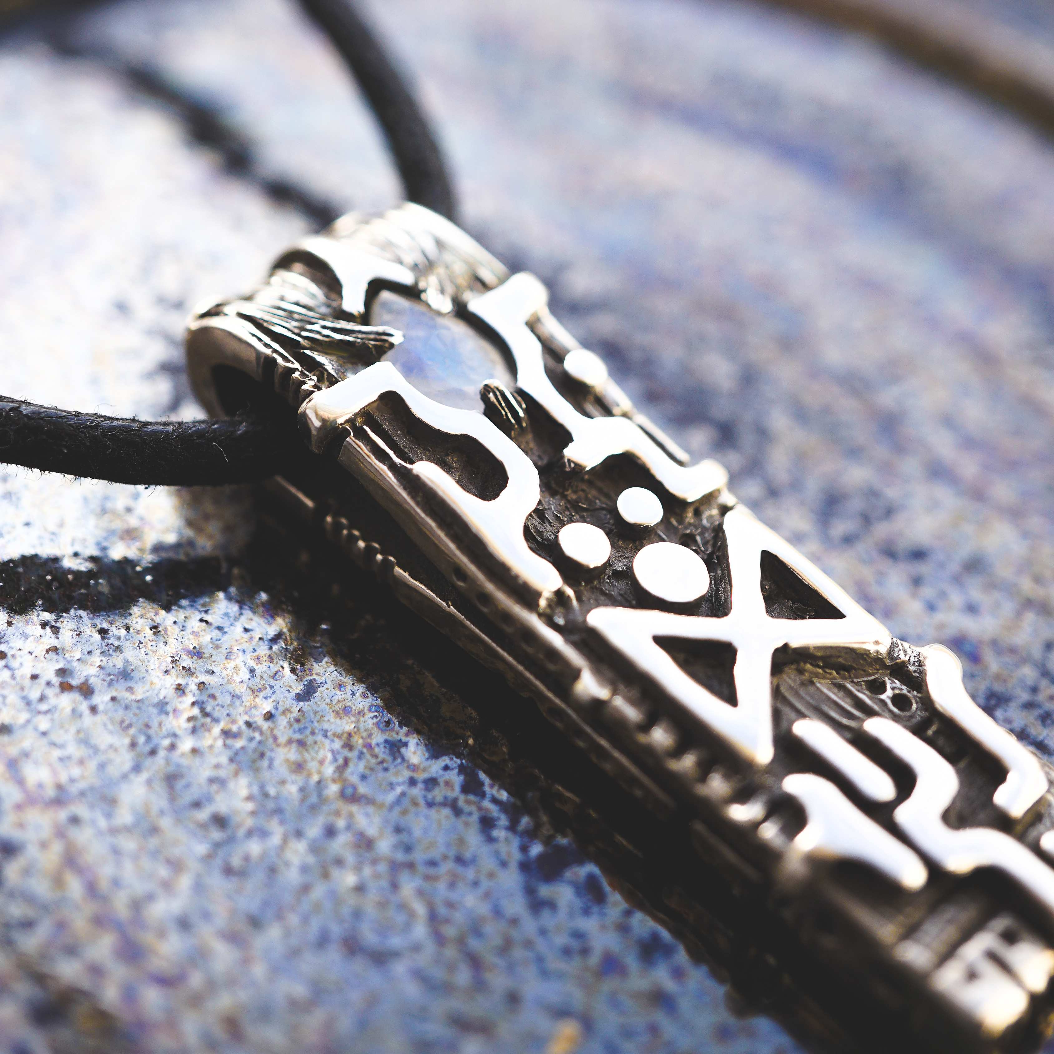 DAGAZ rune pendant , moonstone pendant, talisman, cyberpunk jewelry, moonique silver pendant