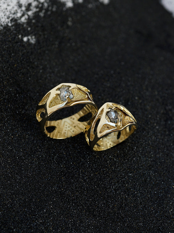14k yellow gold custom made one of kind wedding bands with salt and pepper diamonds, by moonique