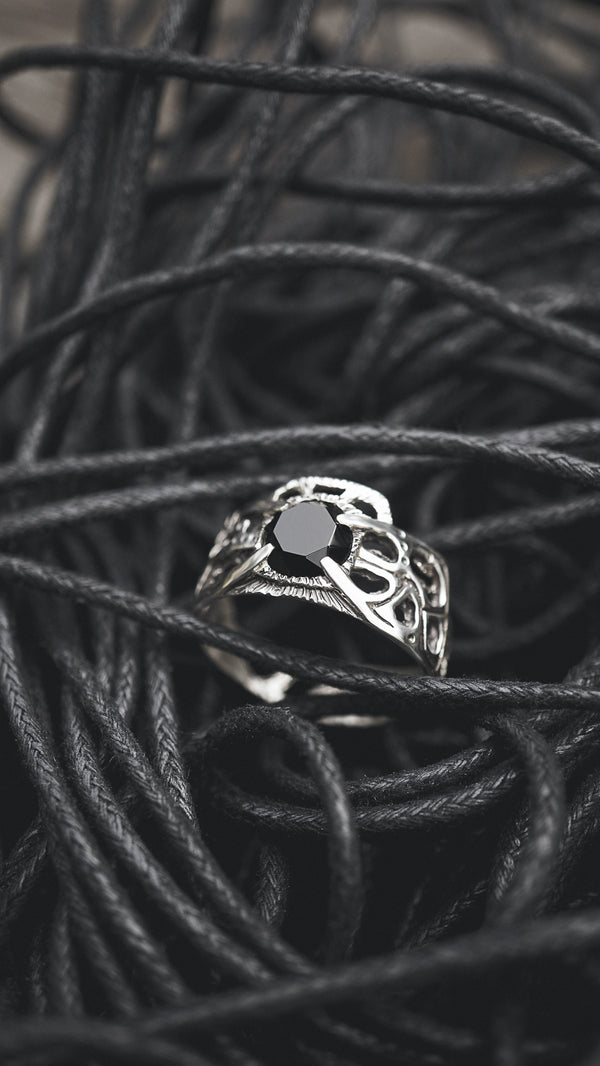 mens silver ring with black onyx by moonique, cyberpunk ring, mens silver band
