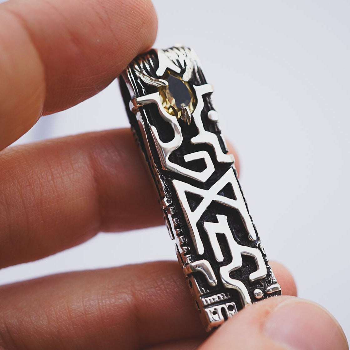 rune pendant mannaz from sterling silver and Citrine stone by moonique creation, viking rune, mens silver pendant