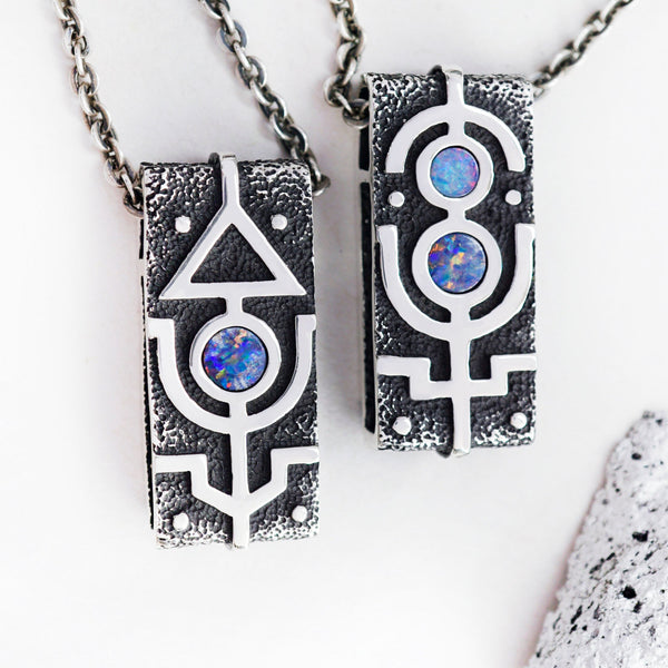 Matching Sterling Silver Couple Pendants with Australian Opal – Romantic Gift for Anniversary Mars and Venus paired pendants , opal pendant