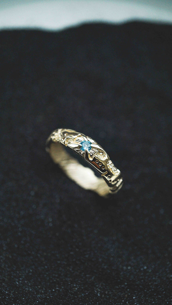 Mens wedding band 14k yellow gold and blue topaz, mens engagement ring, mens promise ring, mens gold ring, mens gemstone ring, moonique, mooniquecreation