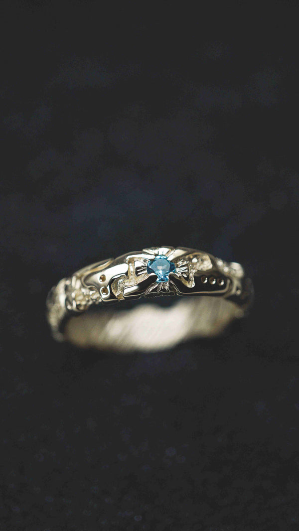 Mens wedding band 14k yellow gold and blue topaz, mens engagement ring, mens promise ring, mens gold ring, mens gemstone ring, moonique, mooniquecreation
