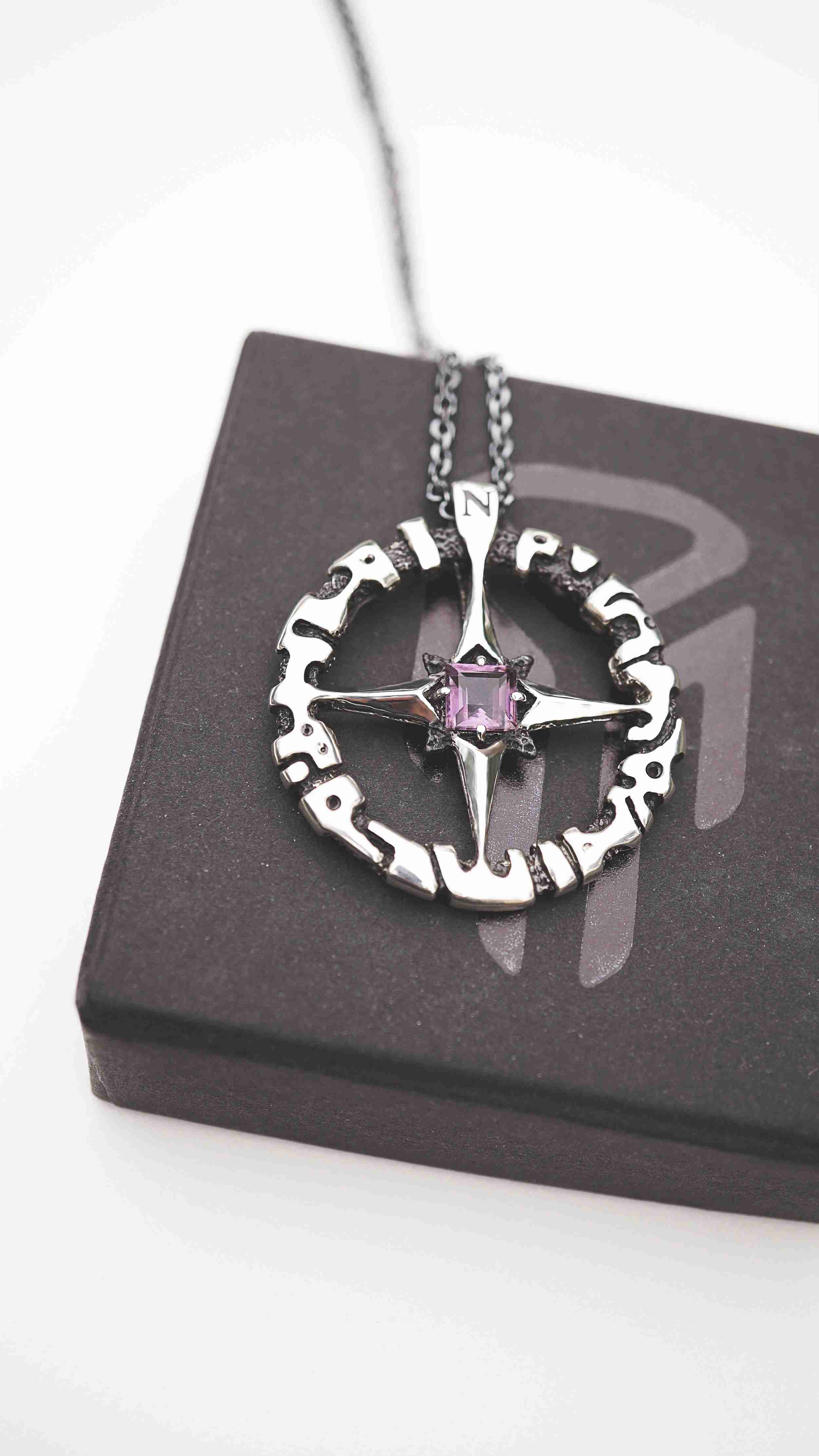 wind rose pendant, sterling silver and amethyst, rose compass necklace, compass pendant, compass rose, gift for travel lovers