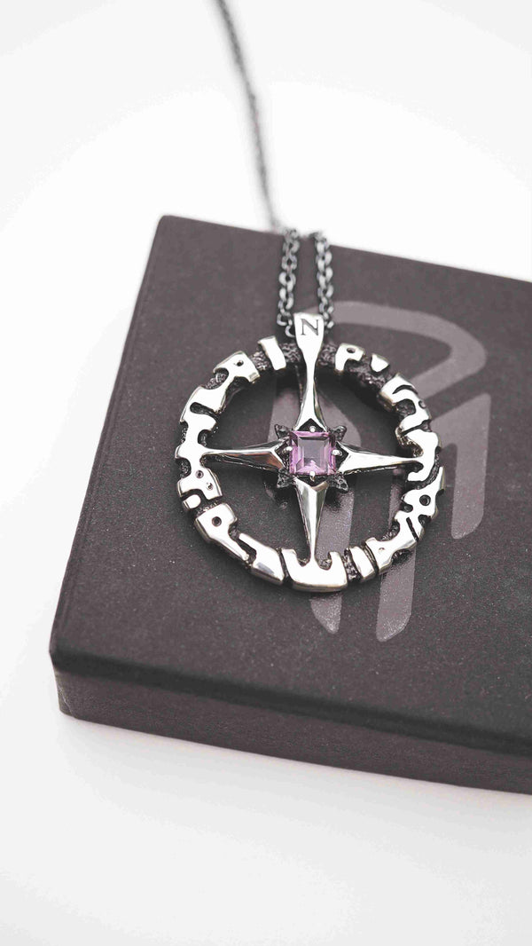 wind rose pendant, sterling silver and amethyst, rose compass necklace, compass pendant, compass rose, gift for travel lovers