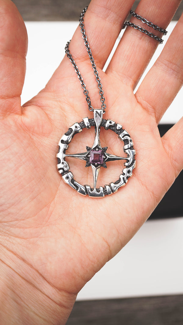 wind rose pendant, sterling silver and amethyst, rose compass necklace, compass pendant, compass rose, gift for travel lovers