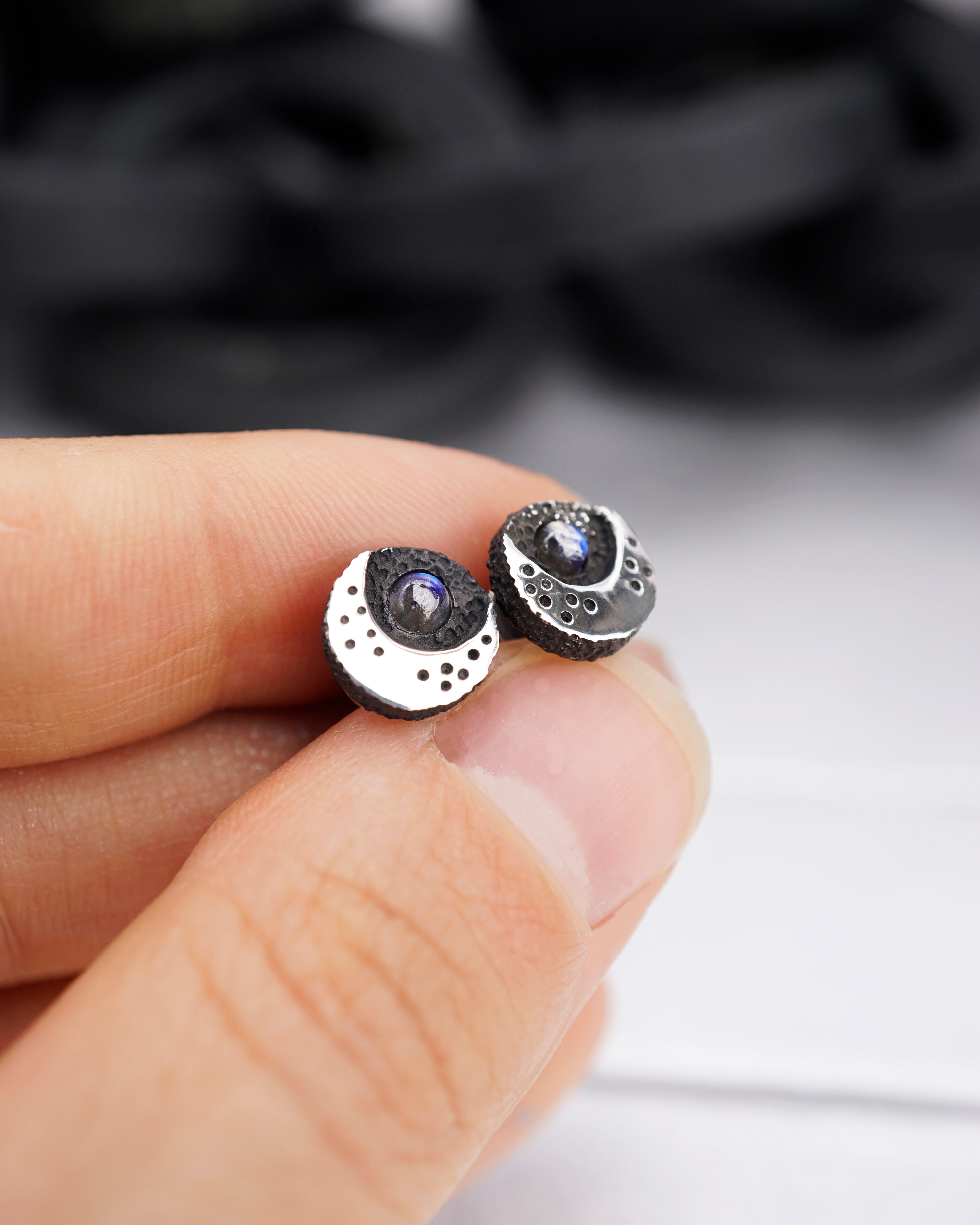 Crescent Black Moon Stud Earrings, crafted with utmost precision from sterling silver and adorned with natural rainbow moonstone by moonique