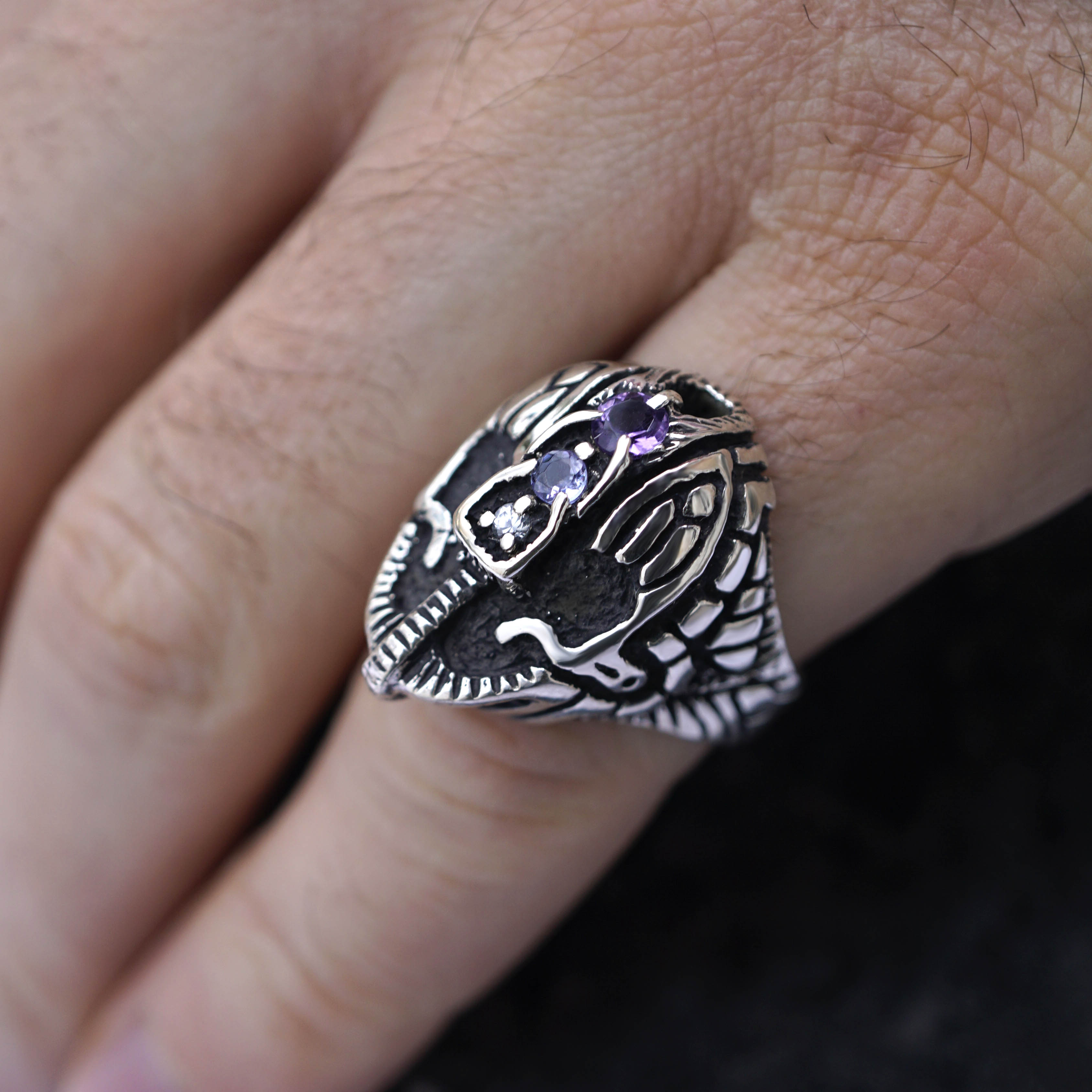 Mens Statement Face ring Mens signet helmet ring, sterling silver Sapphire Tanzanite and Amethyst gemstone