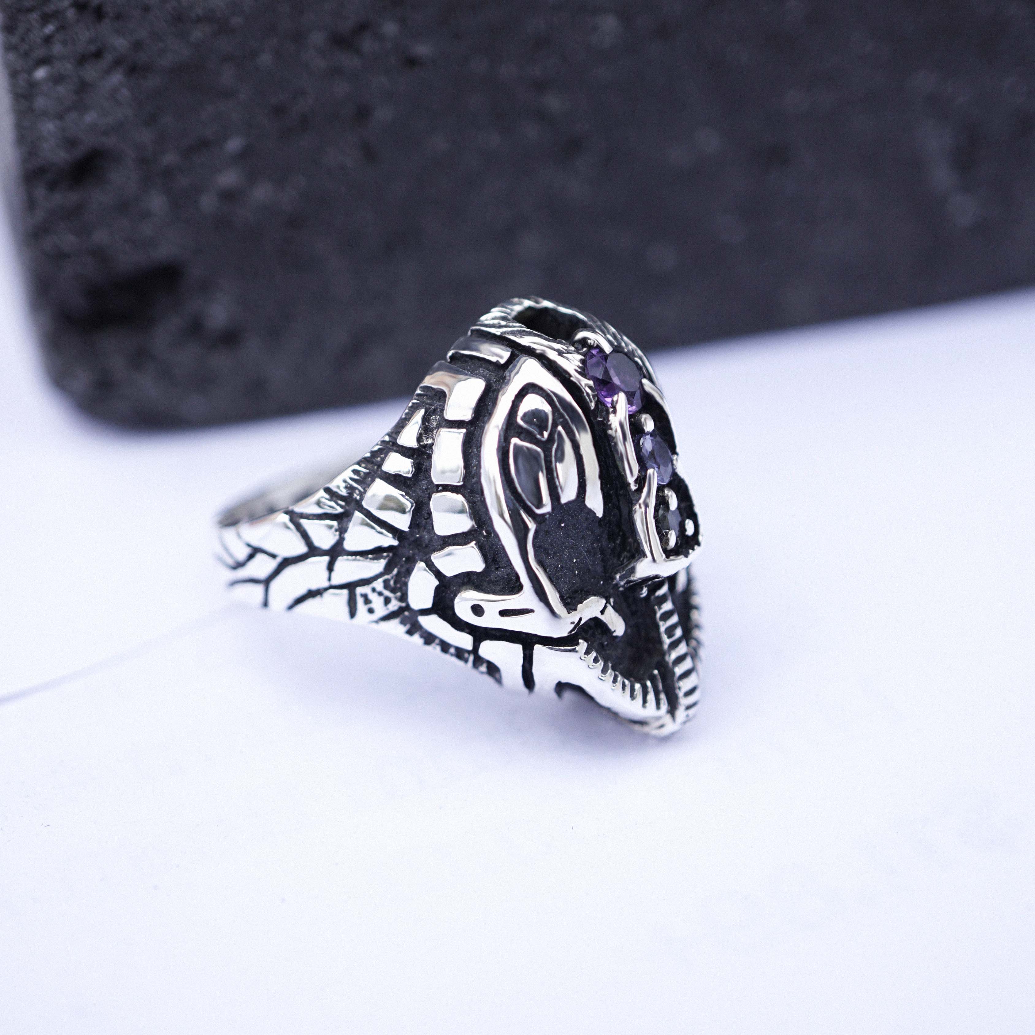 Mens Statement Face ring Mens signet helmet ring, sterling silver Sapphire Tanzanite and Amethyst gemstone