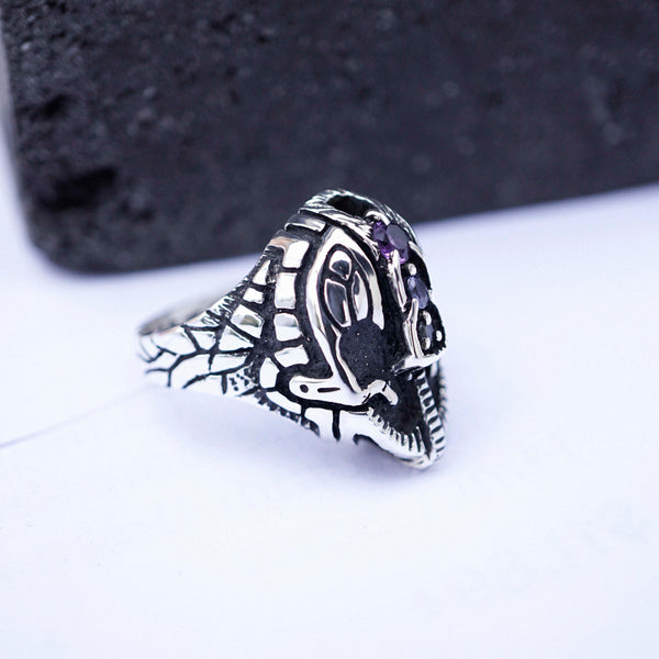 Mens Statement Face ring Mens signet helmet ring, sterling silver Sapphire Tanzanite and Amethyst gemstone "HELMET"
