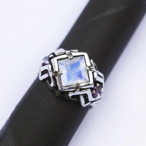 Moonstone engagement ring from the sterling silver unique cyberpunk ring "UNA"