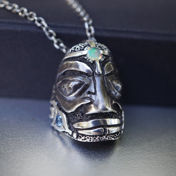 Mens silver necklace Mens face necklace