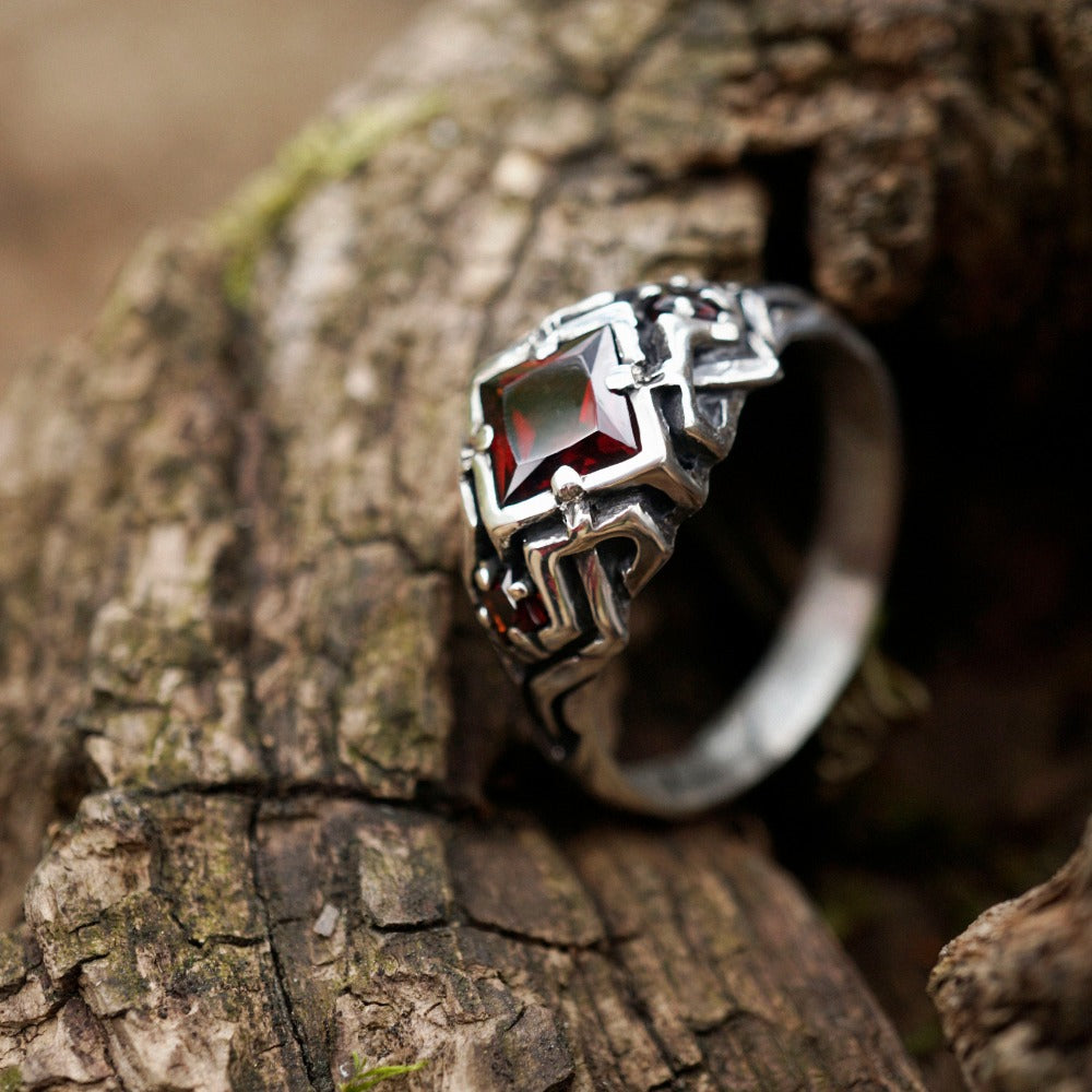 Garnet silver ring Cyberpunk ring Mens silver ring, Unique ring by moonique