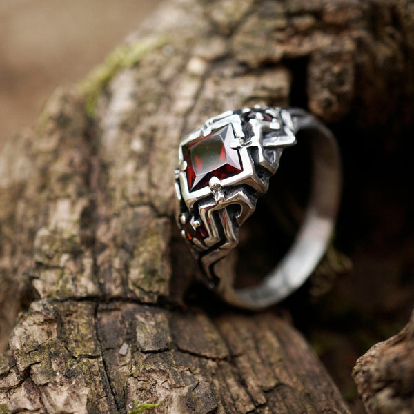 Garnet silver ring Cyberpunk ring Mens silver ring, Unique ring by moonique
