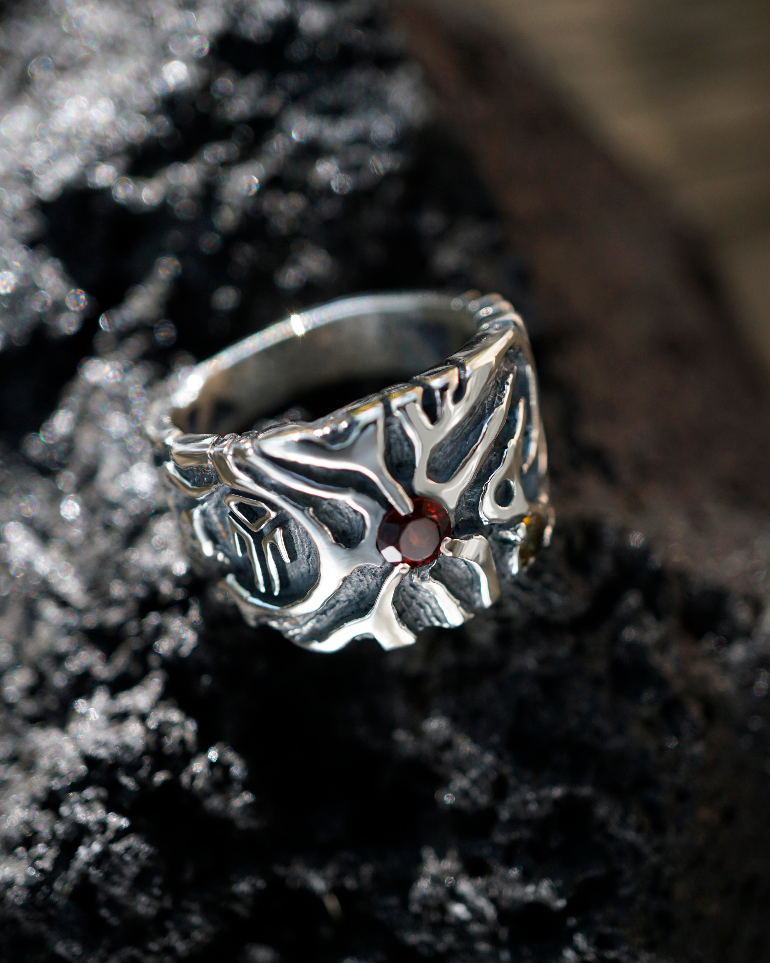 Unique silver statement ring with garnet and citrine gemstone RAIN