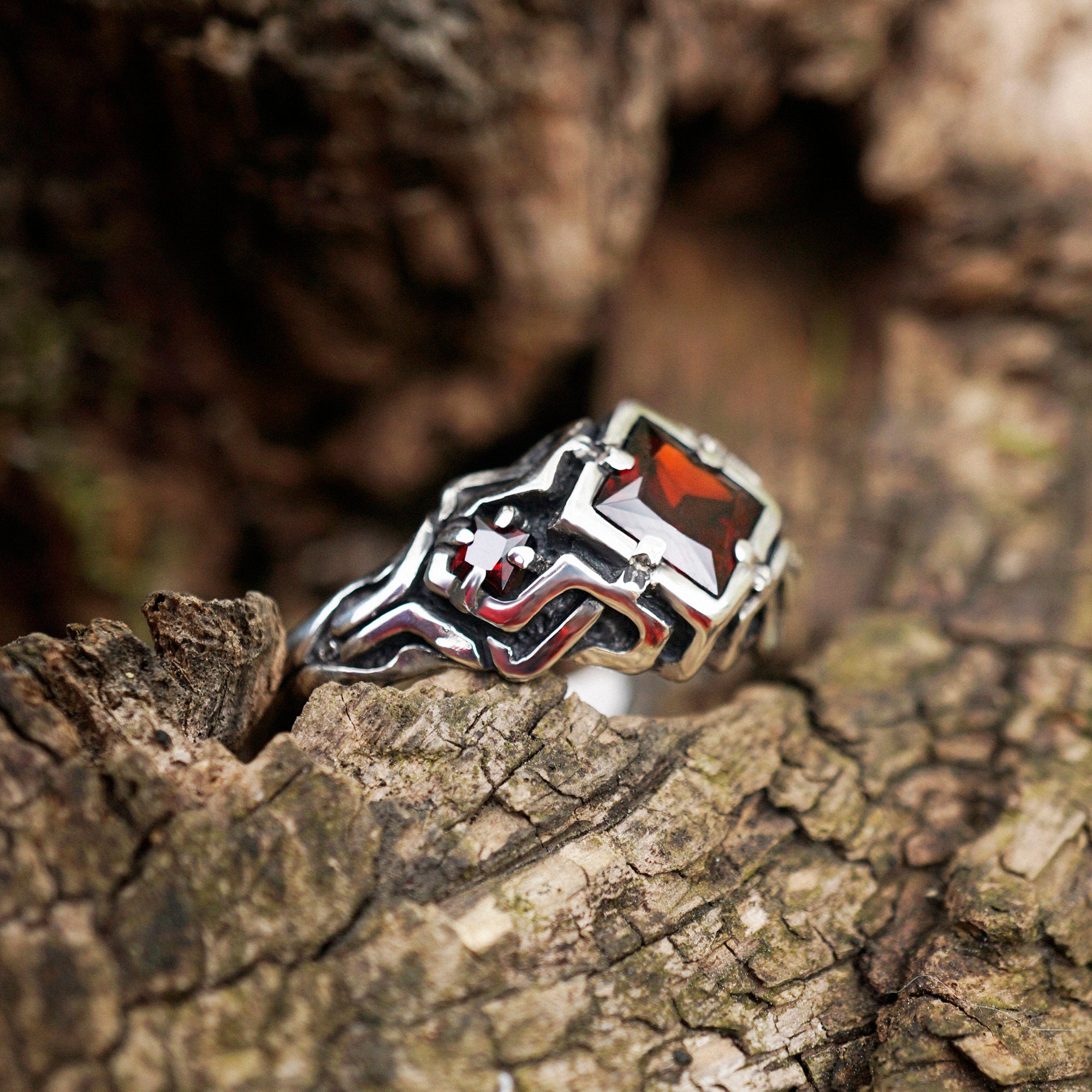 Garnet silver ring Cyberpunk ring Mens silver ring, Unique ring by moonique