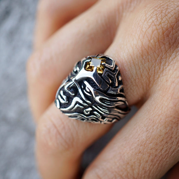 Mens Statement Face ring Mens signet Citrine ring Mens silver ring Unique mens Gemstone rings SHESHA CABO