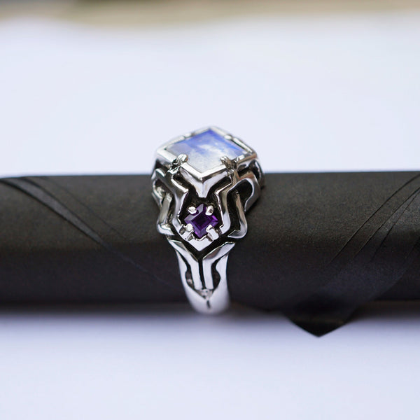 Moonstone engagement ring from the sterling silver unique cyberpunk ring "UNA"