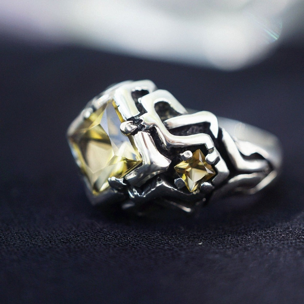 Statement unique Citrine ring , cyberpunk ring from the sterling silver by moonique