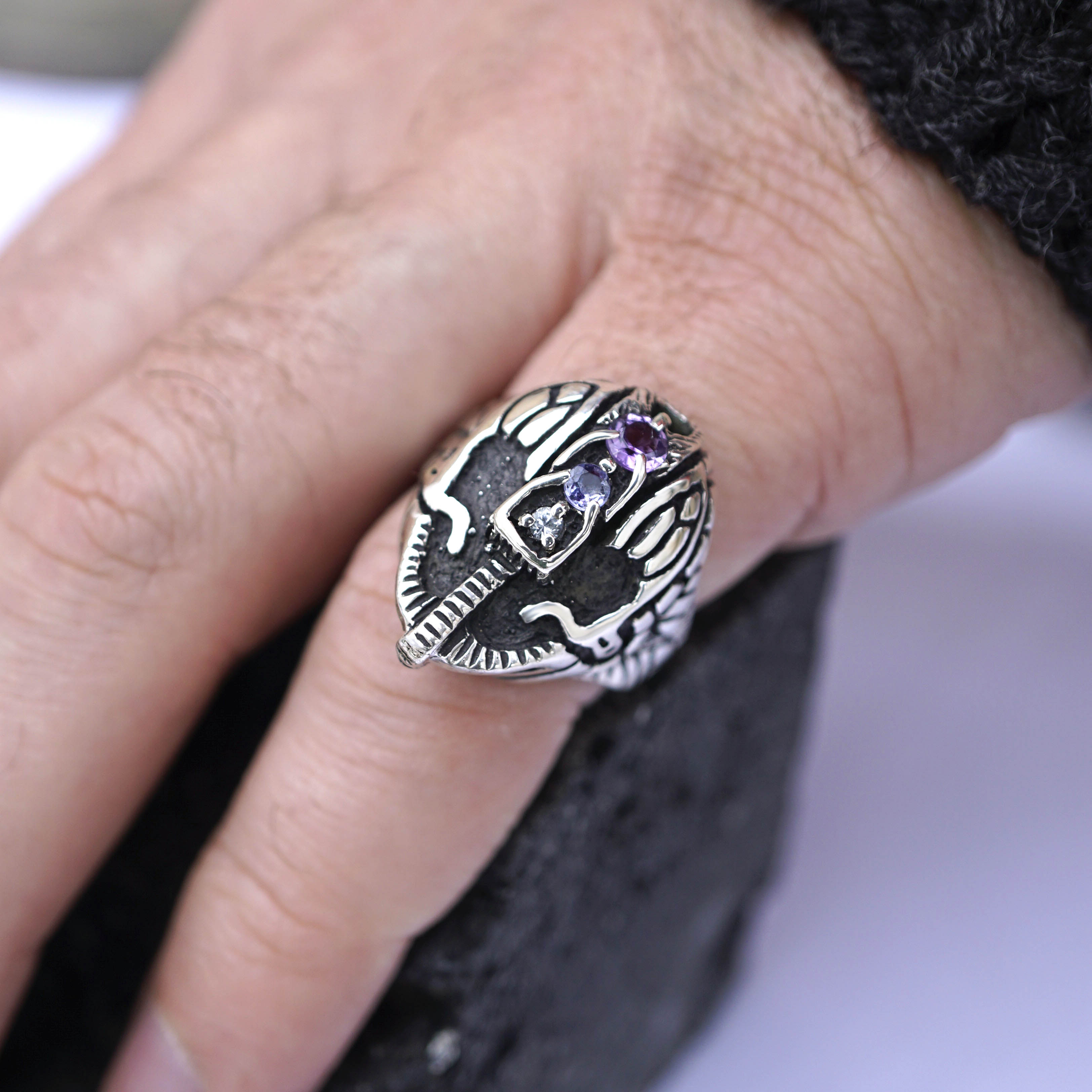 Mens Statement Face ring Mens signet helmet ring, sterling silver Sapphire Tanzanite and Amethyst gemstone