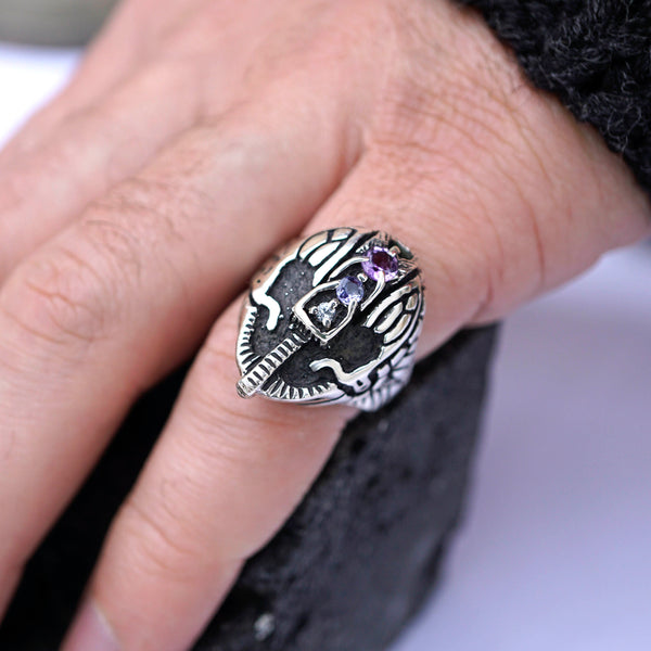 Mens Statement Face ring Mens signet helmet ring, sterling silver Sapphire Tanzanite and Amethyst gemstone "HELMET"