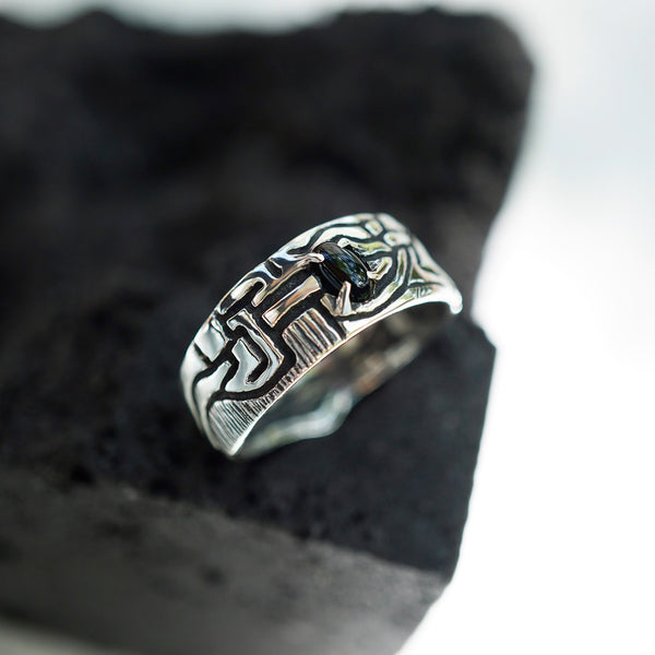 Mens silver Black stone ring mens engagement ring Black Onyx ring Mens gemstone ring