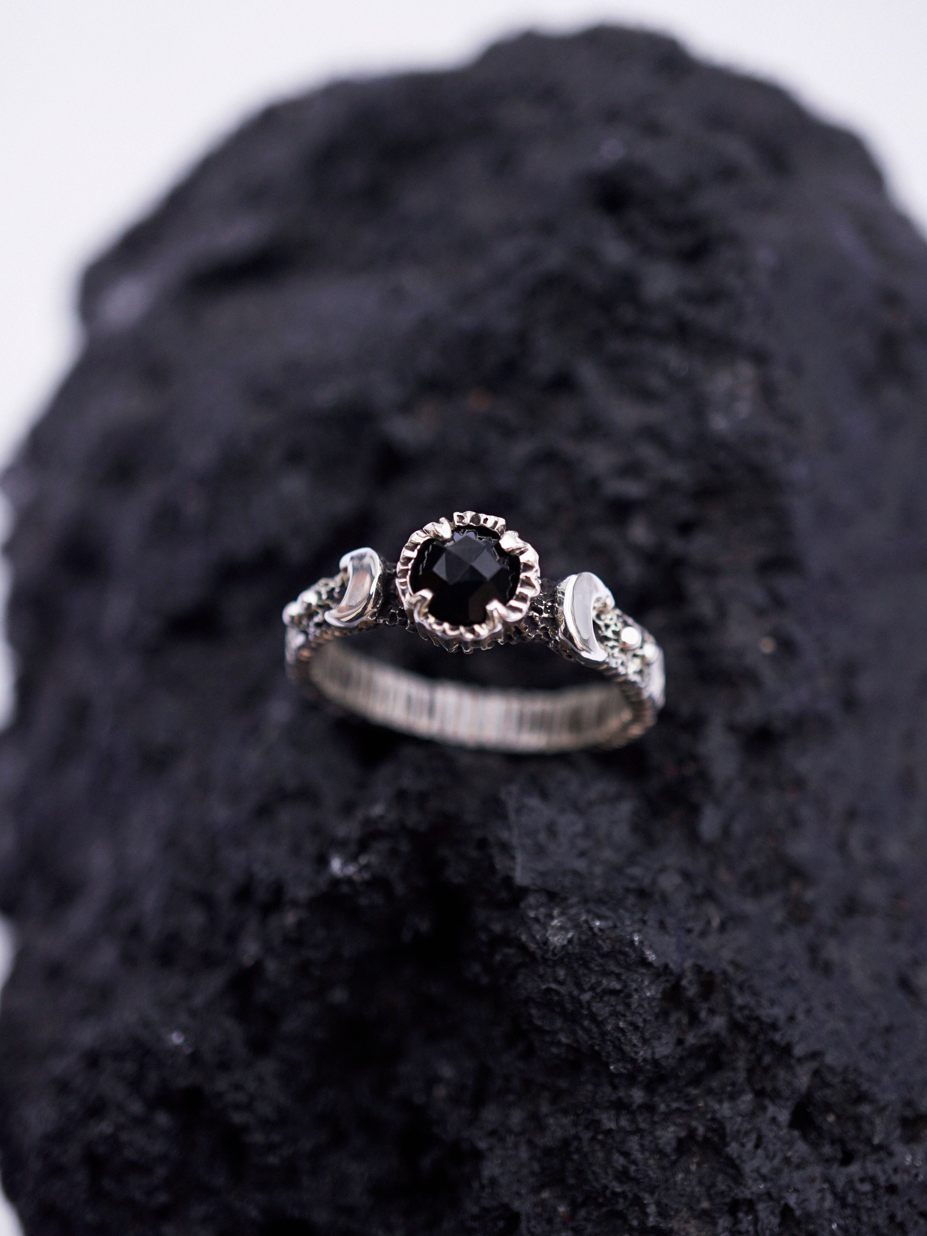 Black Moon ring Gothic engagement ring Black Onyx ring Moon phases ring from the Sterling silver 925