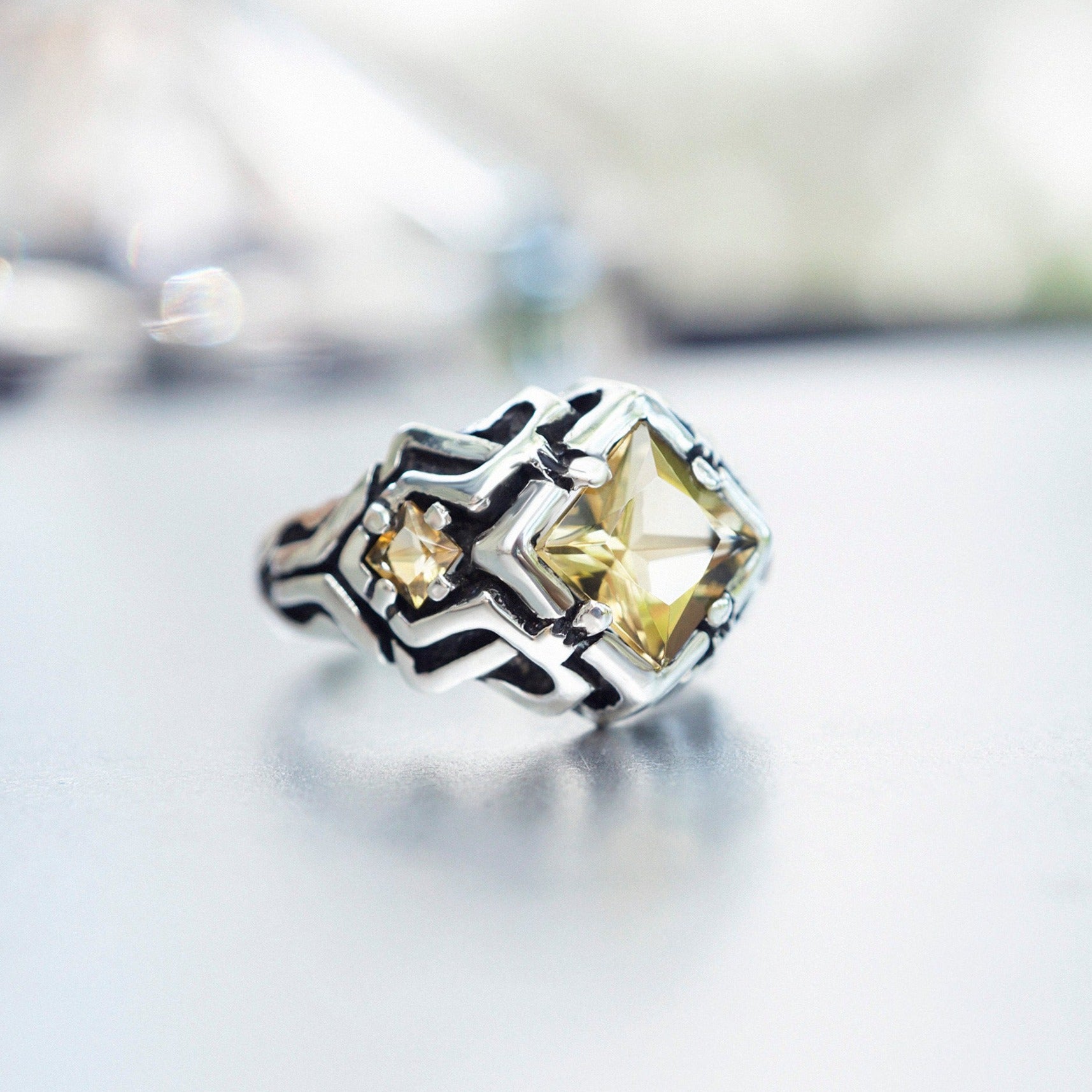 Statement unique Citrine ring , cyberpunk ring from the sterling silver by moonique