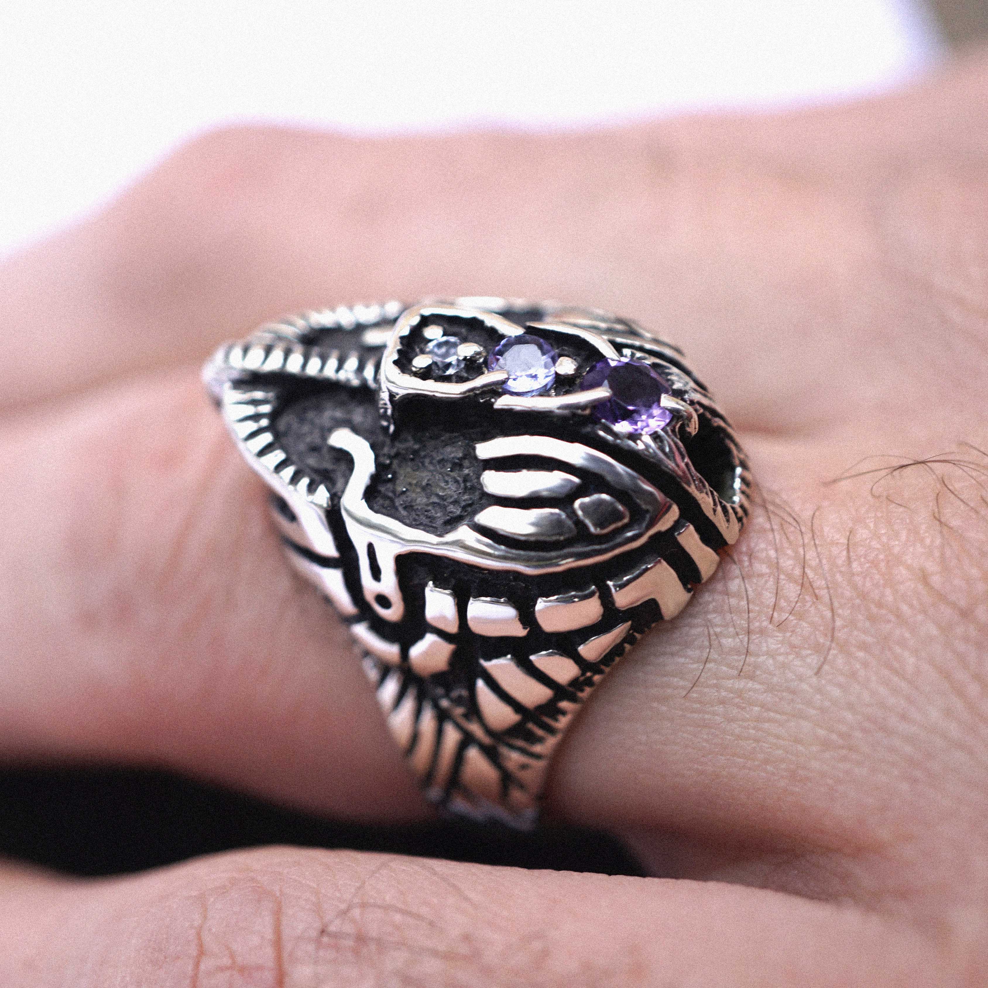 Mens Statement Face ring Mens signet helmet ring, sterling silver Sapphire Tanzanite and Amethyst gemstone
