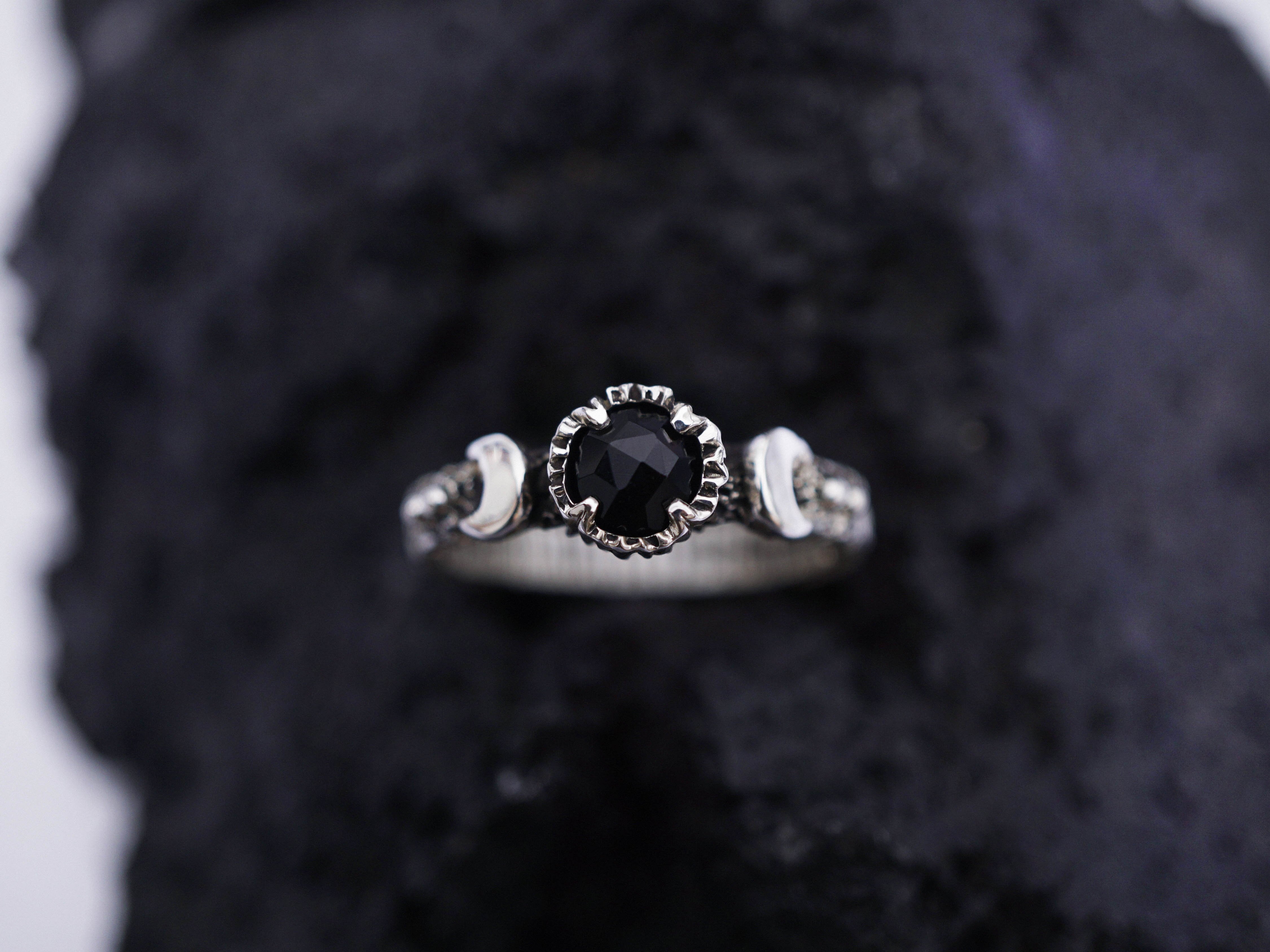 Black Moon ring Gothic engagement ring Black Onyx ring Moon phases ring from the Sterling silver 925