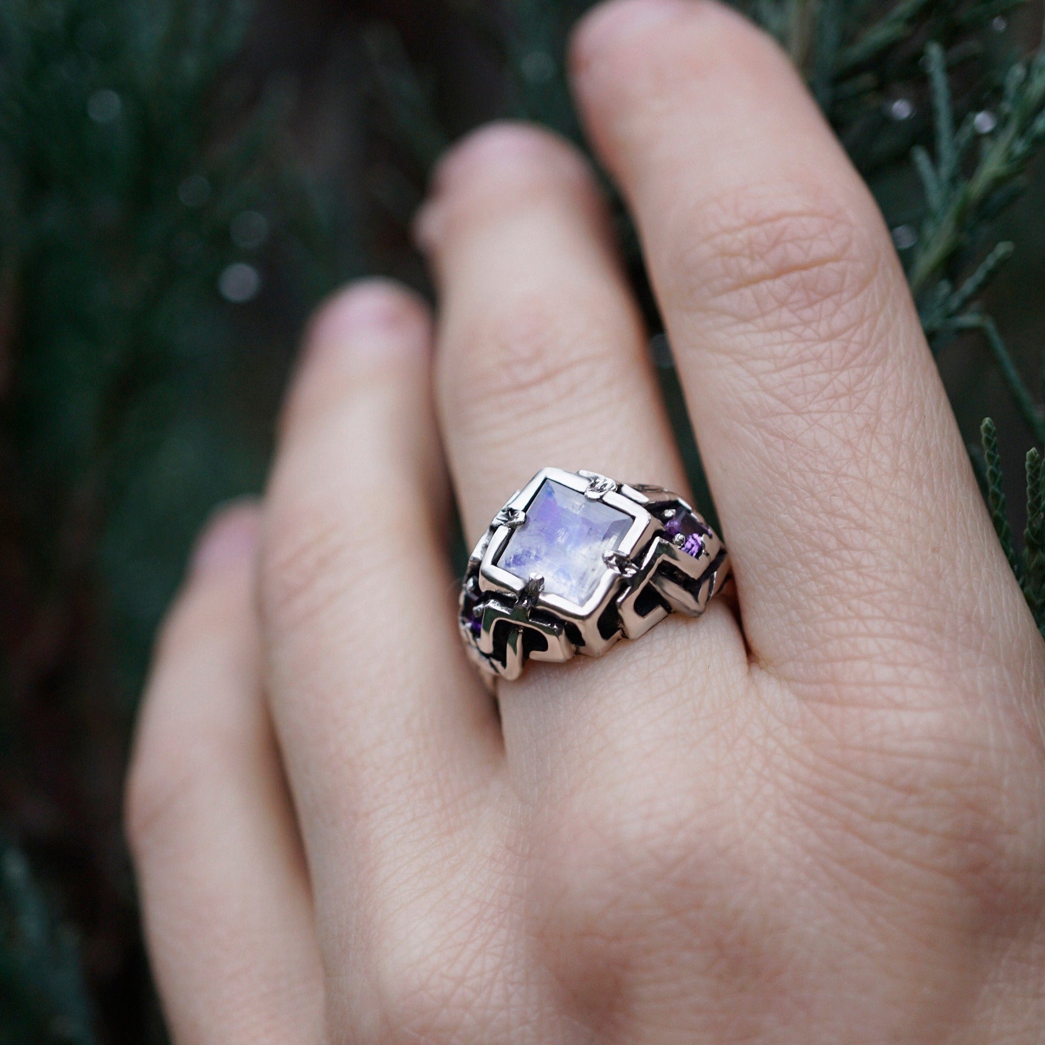 Moonstone engagement ring from the sterling silver unique cyberpunk ring