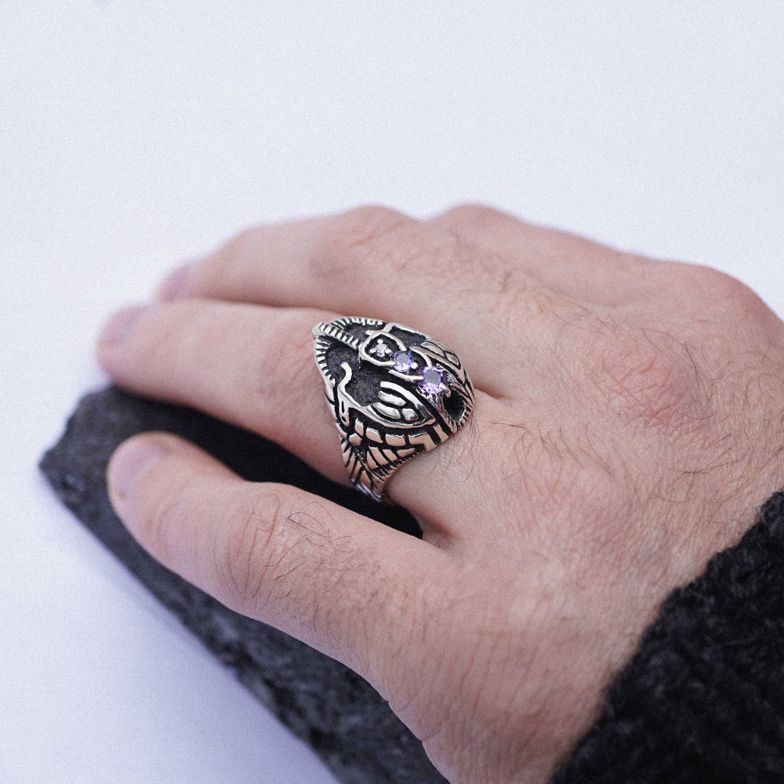 Mens Statement Face ring Mens signet helmet ring, sterling silver Sapphire Tanzanite and Amethyst gemstone