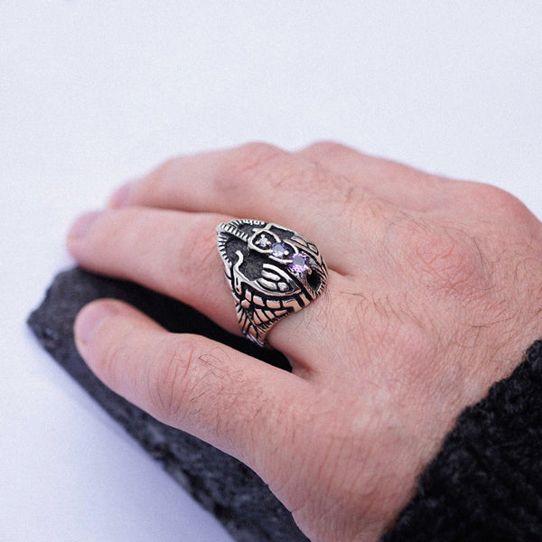 Mens Statement Face ring Mens signet helmet ring, sterling silver Sapphire Tanzanite and Amethyst gemstone "HELMET"