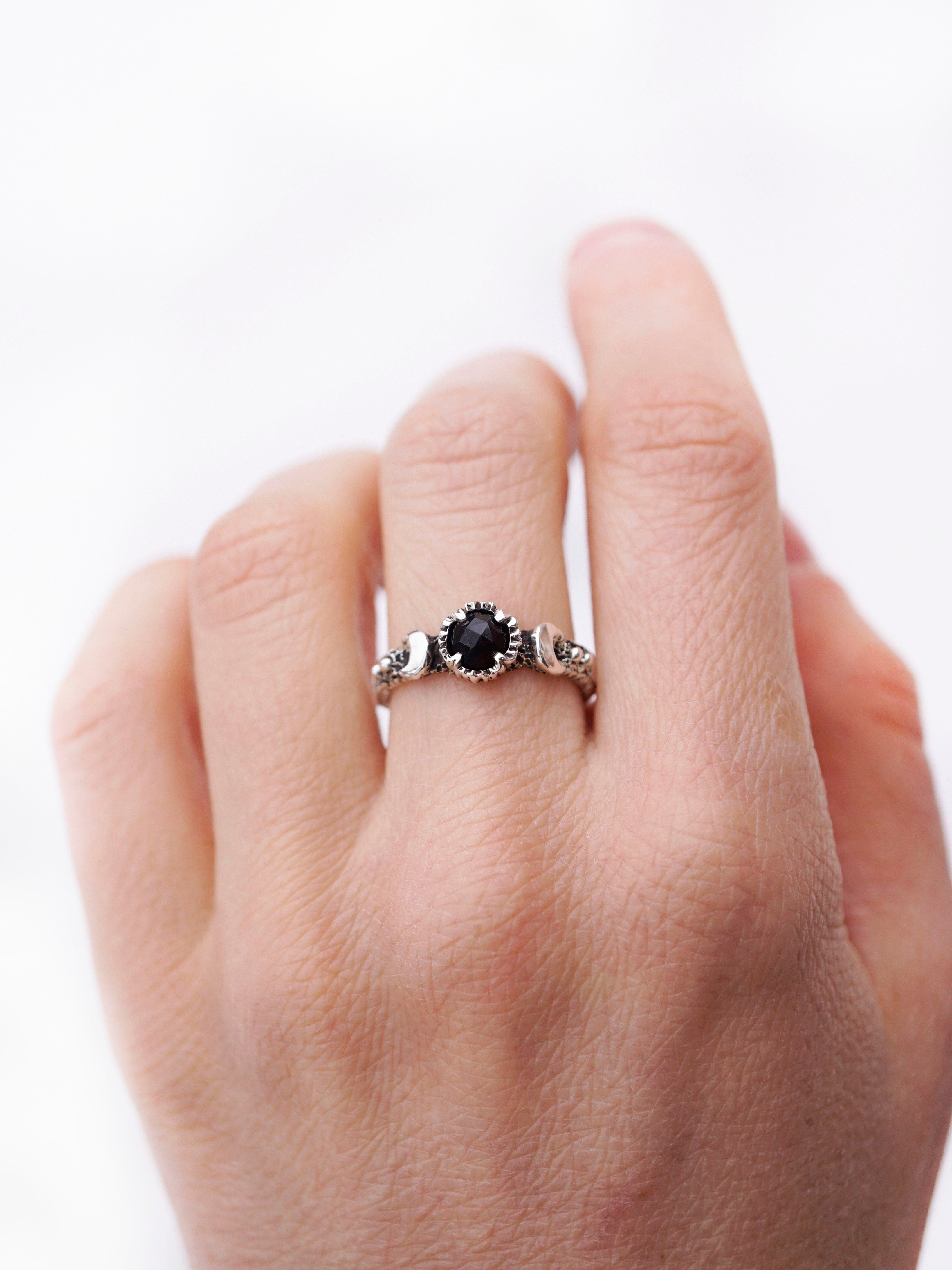 Black Moon ring Gothic engagement ring Black Onyx ring Moon phases ring from the Sterling silver 925