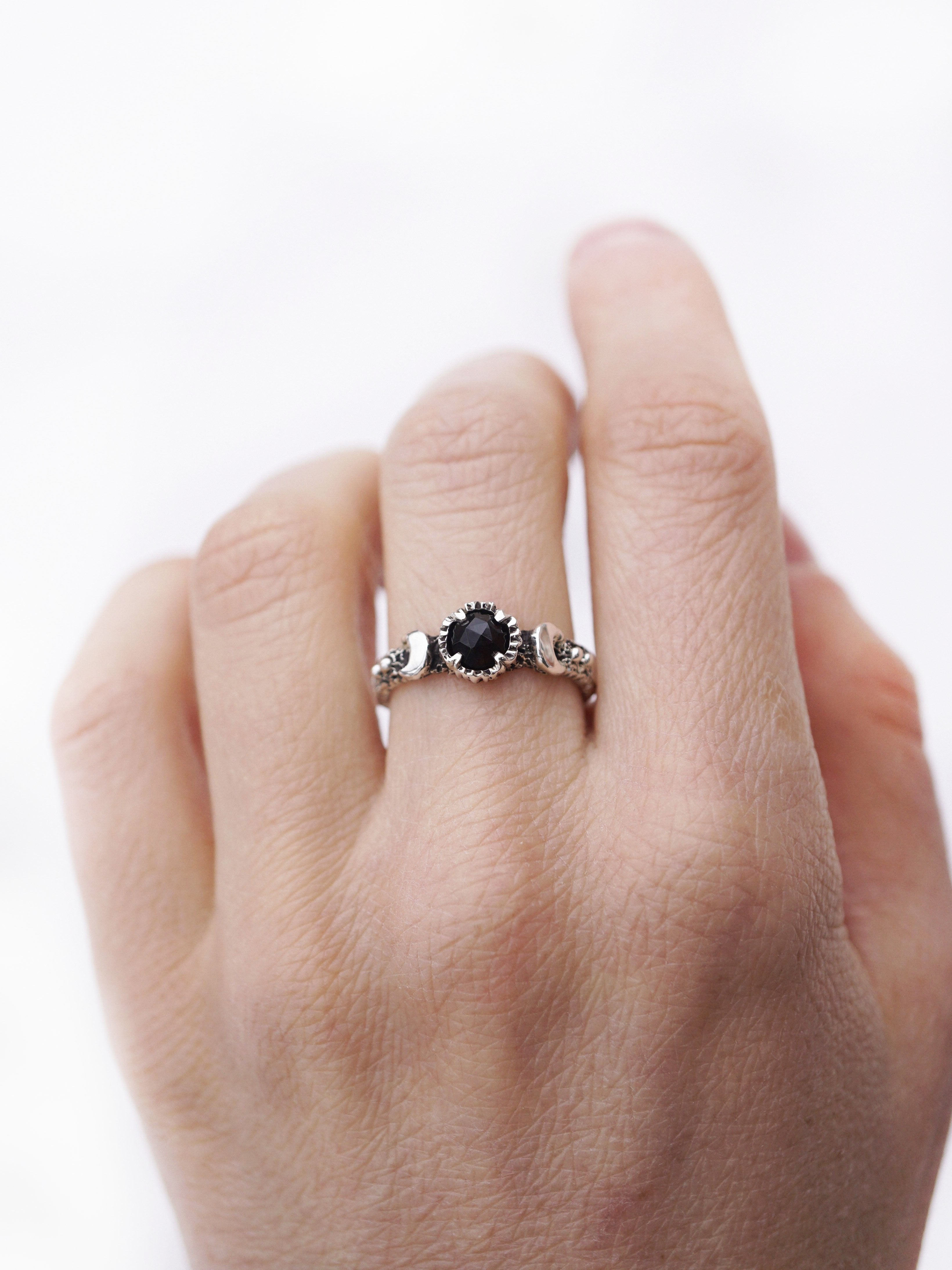 Black Moon ring Gothic engagement ring Black Onyx ring Moon phases ring from the Sterling silver 925