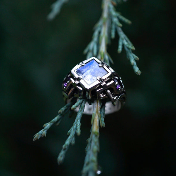 Moonstone engagement ring from the sterling silver unique cyberpunk ring "UNA"