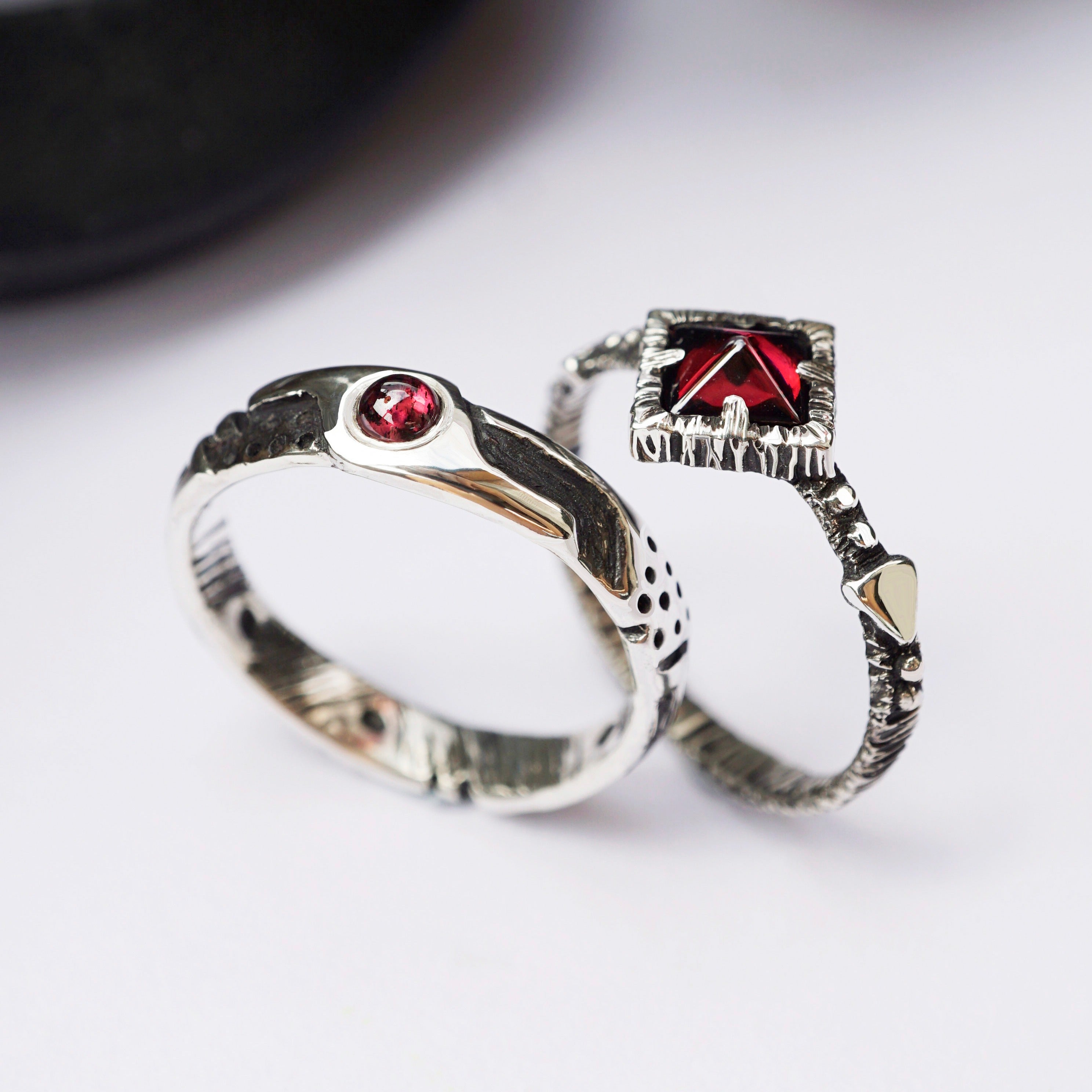 Garnet wedding set ENAMORED , Unique engagement rings by Moonique