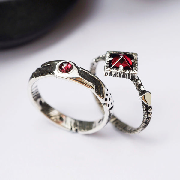 Garnet wedding set ENAMORED , Unique engagement rings by Moonique