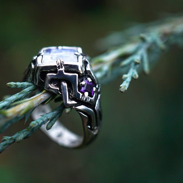 Moonstone engagement ring from the sterling silver unique cyberpunk ring "UNA"