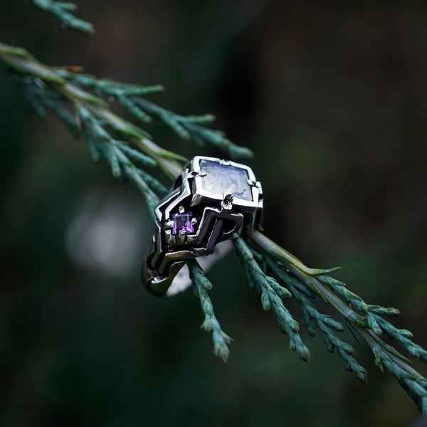 mens silver ring, Moonstone engagement ring from the sterling silver unique cyberpunk ring UNA, by mooniquecreation