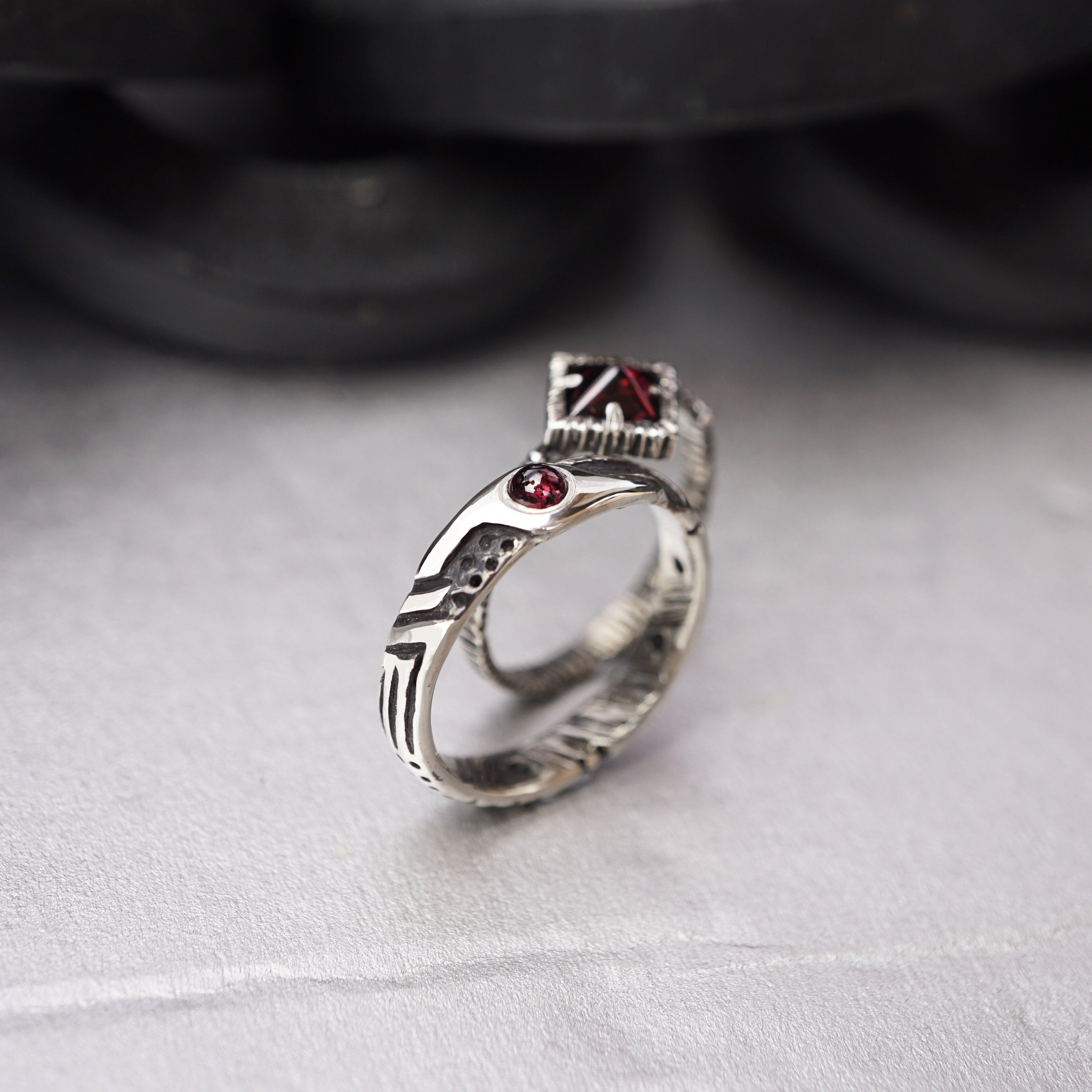 Garnet wedding set ENAMORED, Unique engagement rings by Moonique