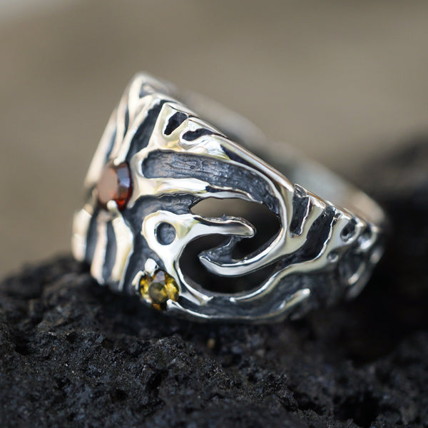 Unique silver statement ring with garnet and citrine gemstone RAIN