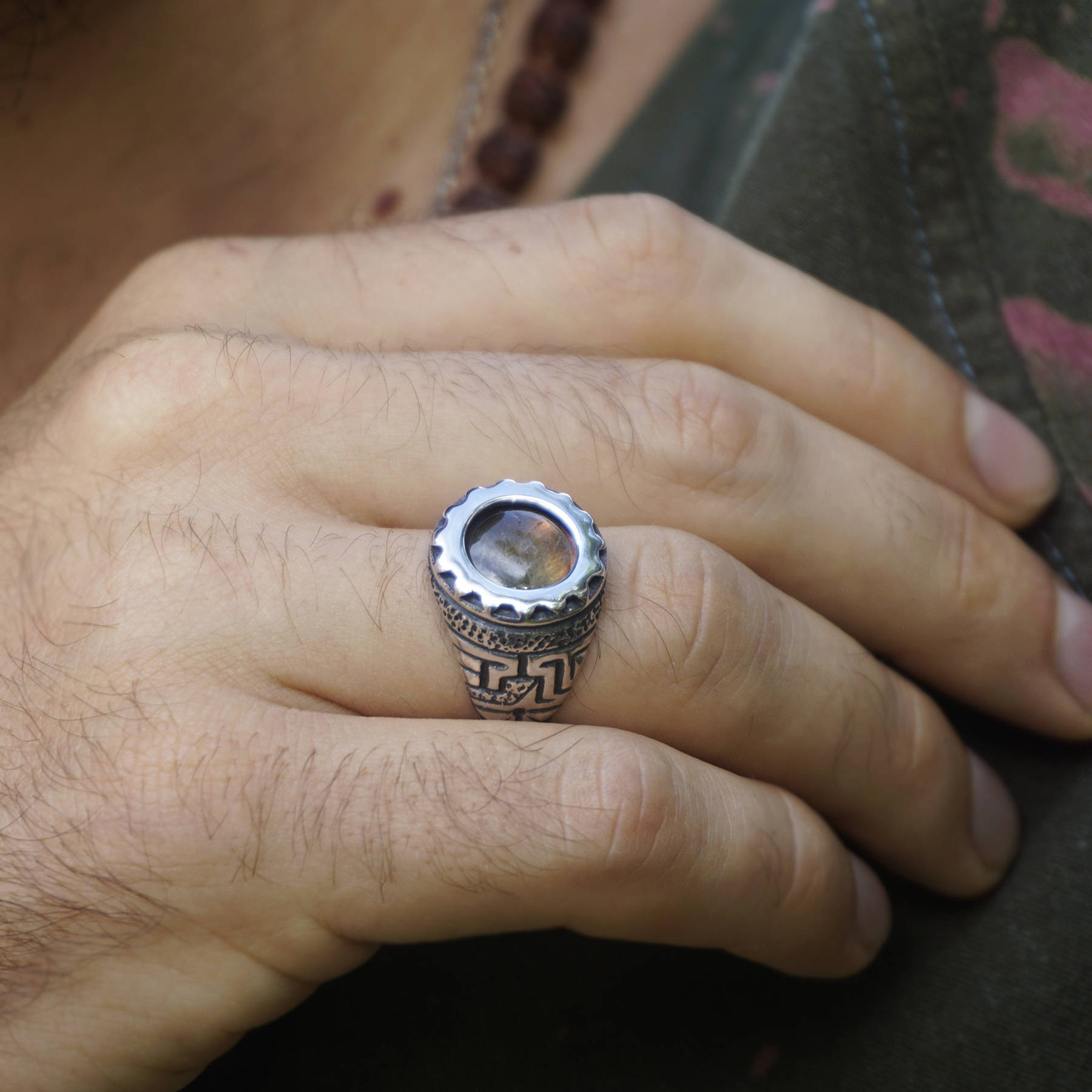 Mens silver signet gemstone ring with Labradorite ring, Mens pinky ring, Antique mens ring SKYWAY