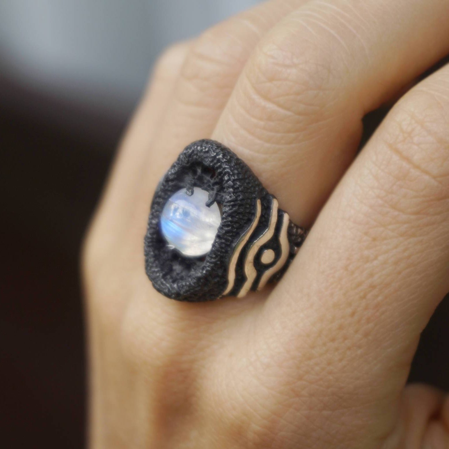 Eye of Horus ring, Egyptian ring, Moonstone ring, Eye ring, Sterling silver ring, Black ring, Statement ring, Moonstone statement ring Ora