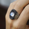 Eye of Horus ring, Egyptian ring, Moonstone ring, Eye ring, Sterling silver ring, Black ring, Statement ring, Moonstone statement ring Ora
