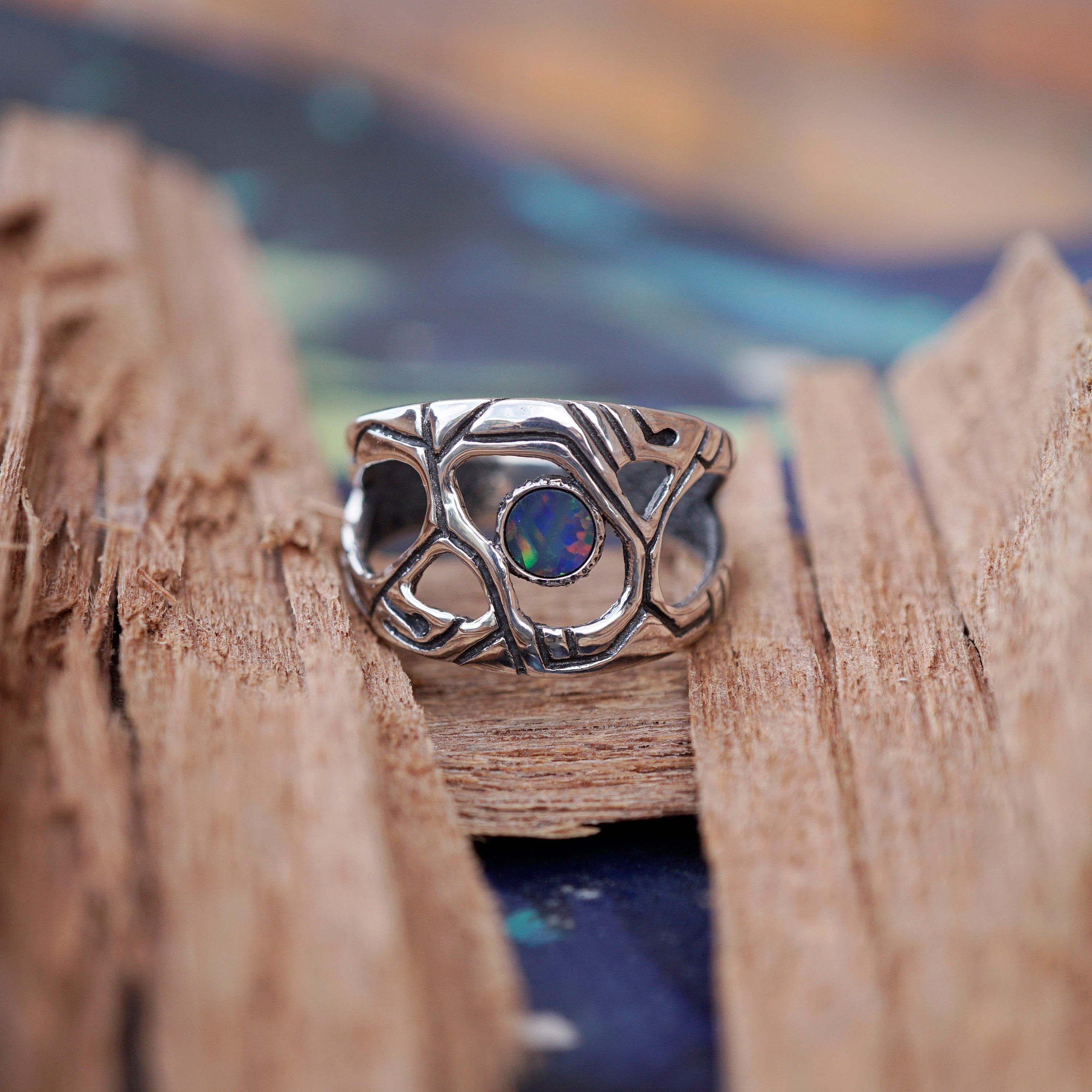 Mens silver Australian Opal ring, October birthstone - METEOR