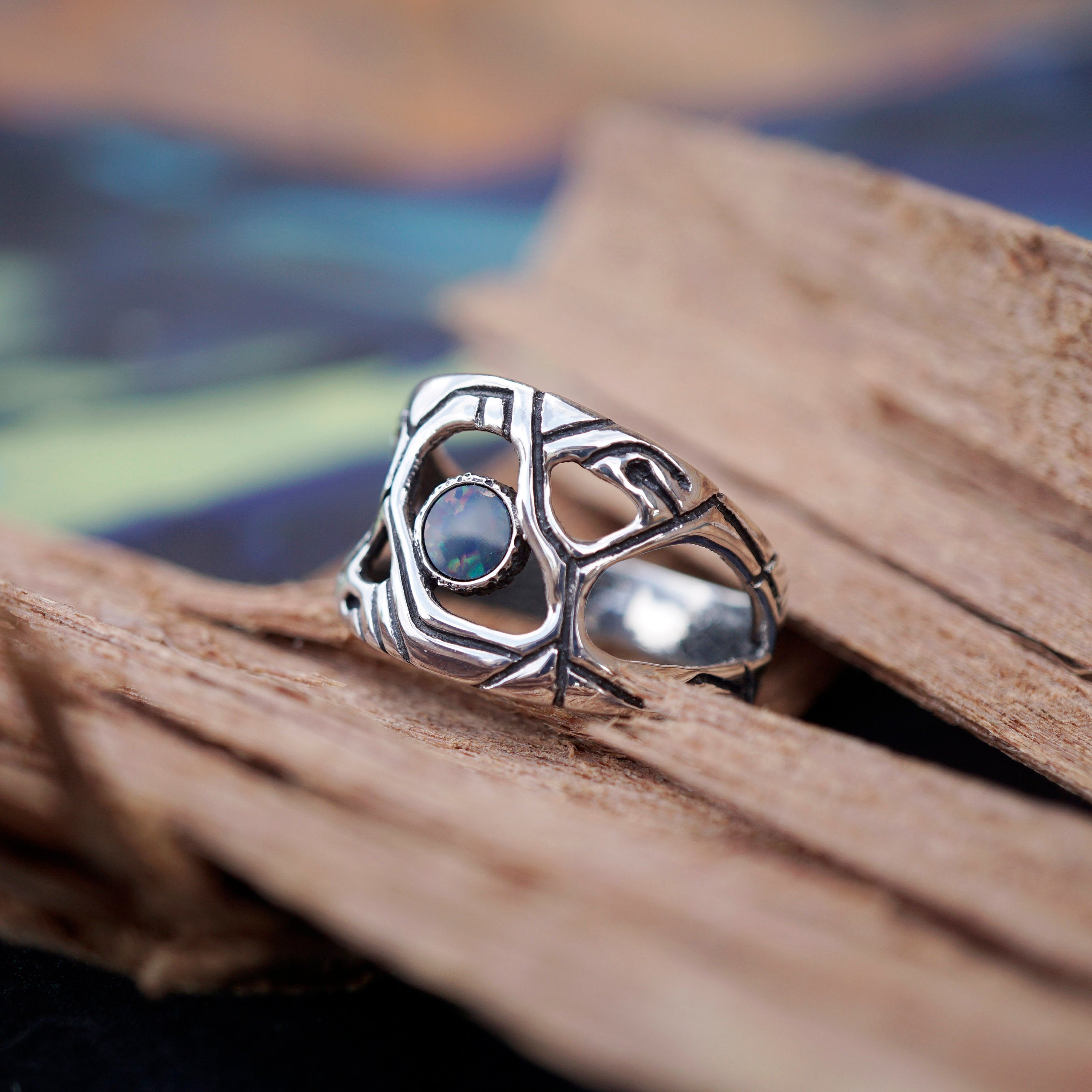 Mens silver Australian Opal ring, October birthstone - METEOR