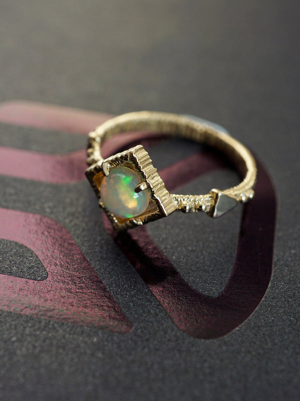 Natural Ethiopian Opal Ring, Gold Opal ring, Opal tiny ring, Fire Opal engagement ring, 14k Yellow Gold ring GOLDEN LAKE